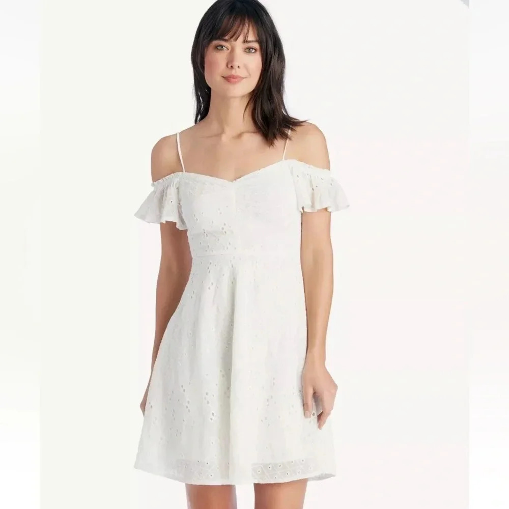 ASTR The Label Women's Mackenzie Off Shoulder Eyelet Mini Dress Ivory